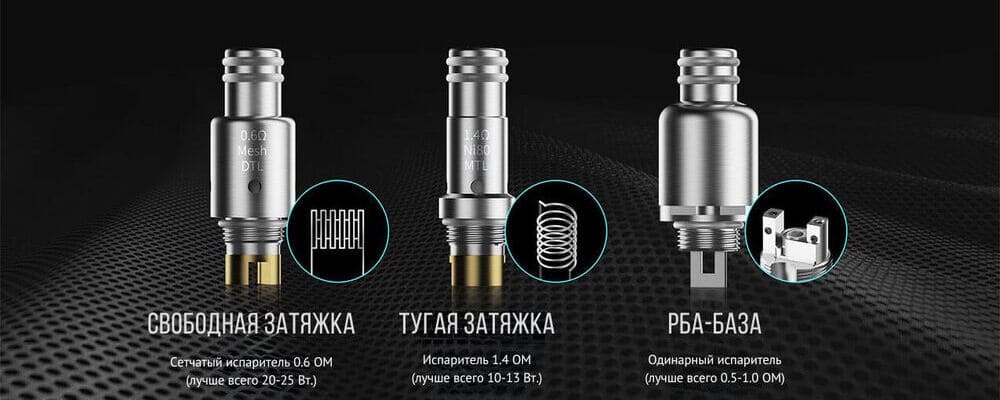 Три типи випарників: вільна тяга (сітчастий 0.6 Ом), туга тяга (спіраль 1.4 Ом) і обслуговувана RBA-база (0.5–1.0 Ом). Для налаштування смаку й тяги під будь-який стиль паріння